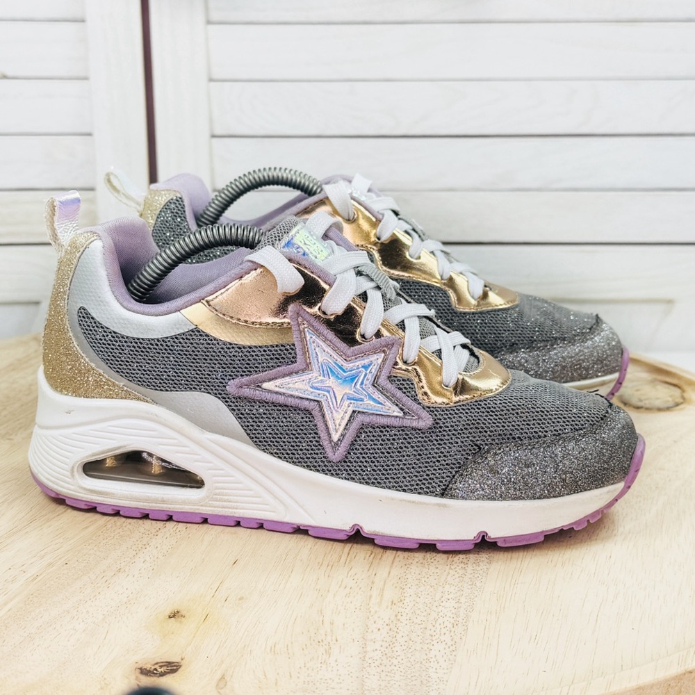 Skechers Street Uno Starry Vibe Glitter Mesh Sneakers Grey Purple Gold Girls 3